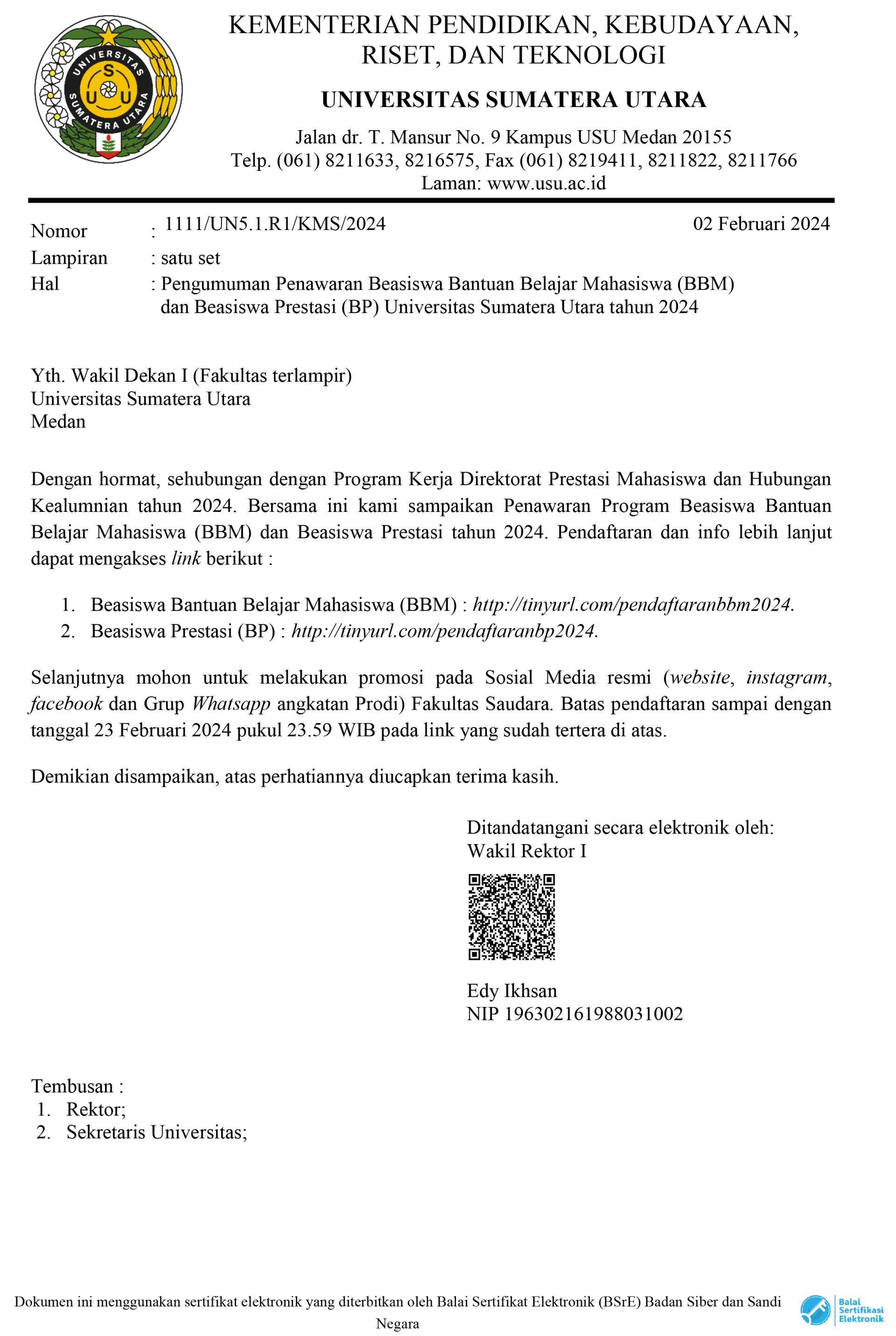Penawaran Beasiswa Bantuan Belajar Mahasiswa (BBM) dan Beasiswa Prestasi (BP) USU Tahun 2024